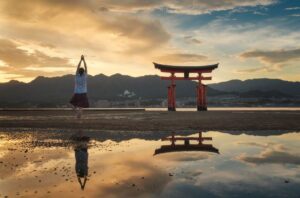 Japan landscape with a lady practising yoga