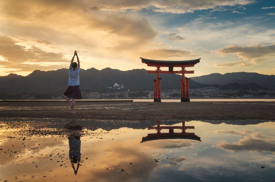 Japan landscape with a lady practising yoga